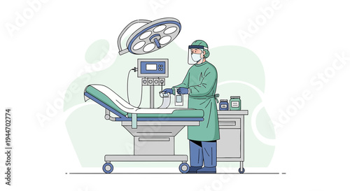 Surgeon in protective gear prepares for surgery in sterile operating room with medical equipment