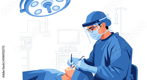 Surgeon in protective gear performs surgery under operating room lights, medical team, sterile environment