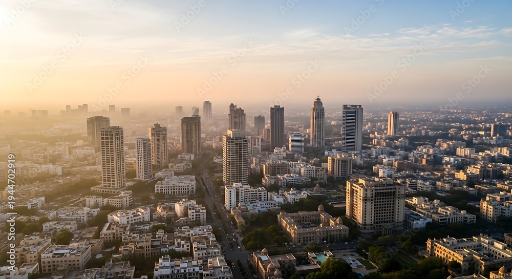 Fototapeta premium Golden City Skyline at Sunrise Over Modern High Rise Buildings