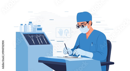Surgeon in sterile attire meticulously preparing for a surgical operation in a modern operating room.