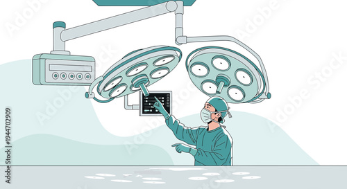 Surgeon in sterile attire adjusts operating room lights and monitors before surgery