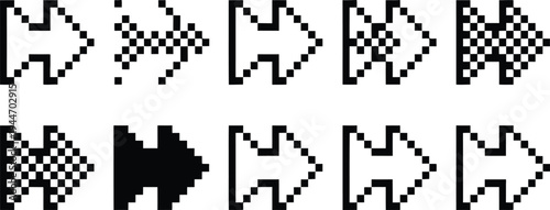 Set of 10 Pixel Art Arrow Icons Vector with Various Styles: Solid, Outline, and Checkerboard Patterns for Digital Design and UI Elements