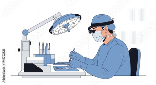Surgeon in sterile attire performing delicate procedure under surgical lamp