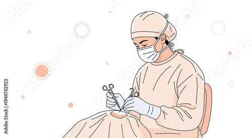 Surgeon in sterile attire performing a delicate procedure with surgical instruments.