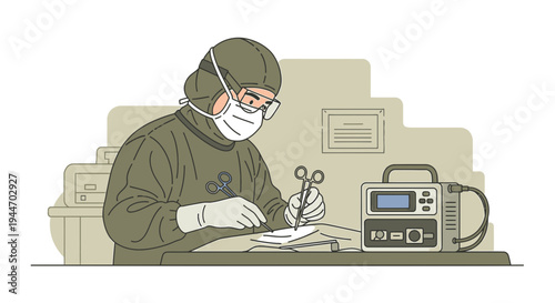 Surgeon in sterile attire performs intricate procedure with surgical tools and medical equipment.
