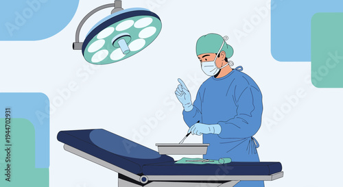 Surgeon in sterile attire prepares for operation under surgical lamp in modern operating room