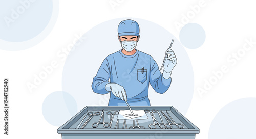 Surgeon in sterile blue scrubs and mask performing surgery with instruments