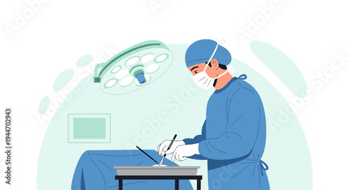 Surgeon in sterile blue scrubs and mask performs surgery under bright operating room light.
