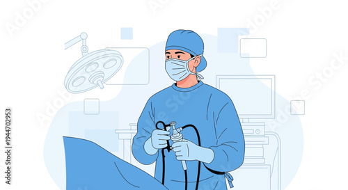 Surgeon in sterile blue scrubs performing laparoscopic surgery with instruments in operating room