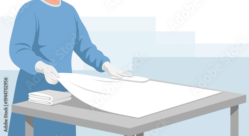 Surgeon in sterile gown and gloves preparing sterile surgical drape on a table