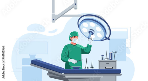 Surgeon in sterile gown and mask adjusts operating lamp in modern surgery room