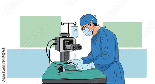 Surgeon in sterile gown and mask performs endoscopic surgery with advanced medical equipment