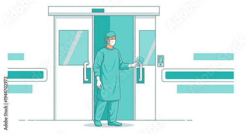 Surgeon in sterile gown and mask entering operating room through automatic doors
