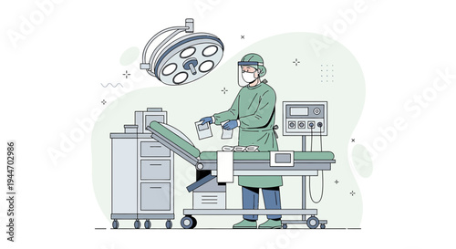 Surgeon in sterile gown preparing for operation in modern operating room with equipment
