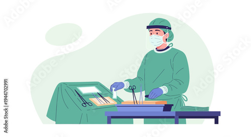 Surgeon in sterile gown, mask, and face shield preparing for surgery with instruments