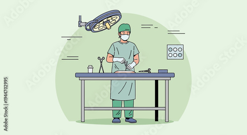 Surgeon in sterile scrubs and mask performing surgery under operating lamp in clinic