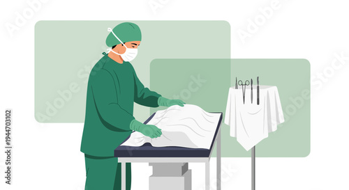 Surgeon in sterile scrubs preparing for surgery, medical instruments on table