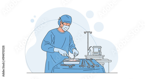 Surgeon in sterile uniform prepares for surgery, holding instruments over surgical tray.