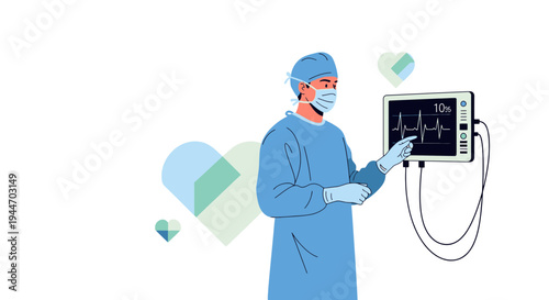 Surgeon in surgical attire monitors vital signs on a medical monitor with heart rhythm display.