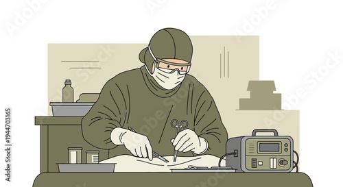 Surgeon in sterile uniform performing surgery with medical instruments and equipment