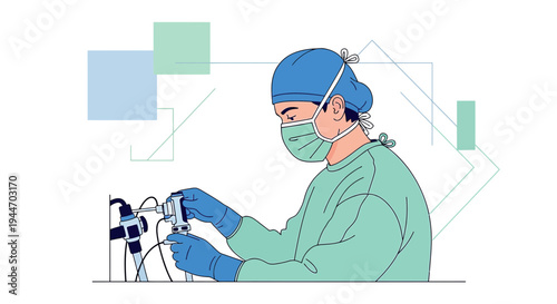 Surgeon in surgical attire performing a medical procedure with advanced equipment