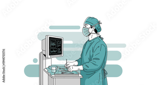 Surgeon in surgical attire monitoring medical equipment in operating room