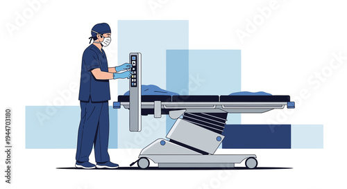 Surgeon in surgical attire operating medical equipment next to a patient on an operating table.