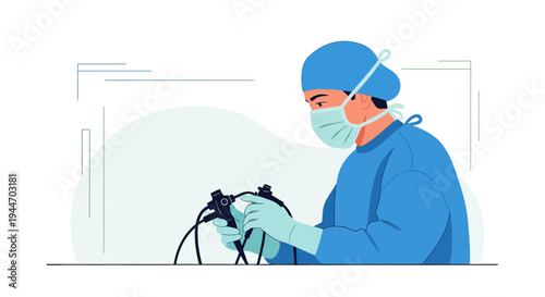 Surgeon in surgical attire performing endoscopy with modern equipment, sterile operating room.