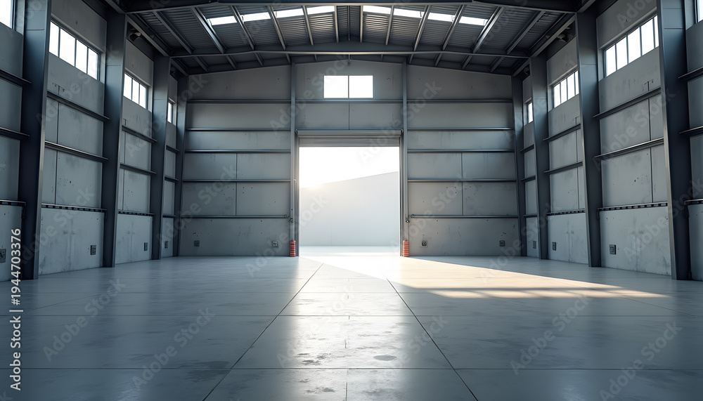 Obraz premium Abandoned industrial warehouse with open door and natural light