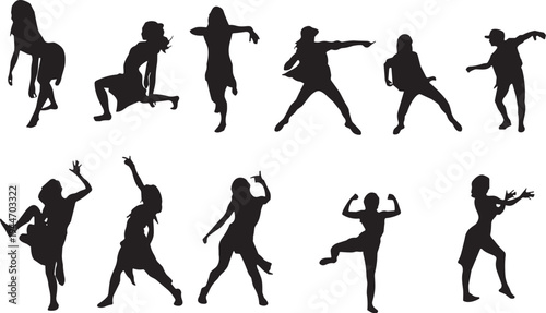 Collection of black silhouettes of diverse people dancing in various energetic poses, hip hop and street dance, flat vector illustration