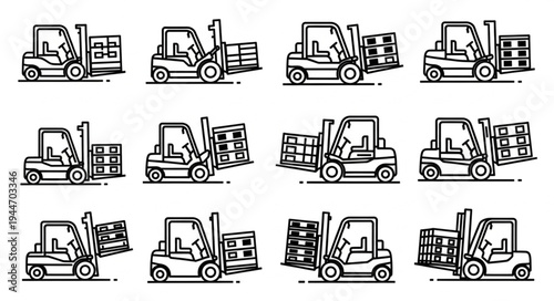 Set of forklift trucks lifting pallets in different positions.