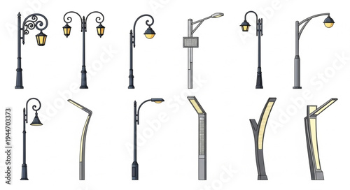 Collection of various street light designs and styles.