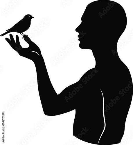 Man holding bird silhouette on hand isolated graphic with a profile silhouette