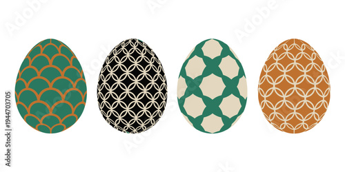 Four patterned Easter eggs in a row with flat design for spring celebration.