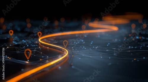 GPS location pin with glowing, winding path, road ahead or a journey. Milestones, a business roadmap, or the journey of life,  path is dotted with location pin icons marking checkpoints or destination