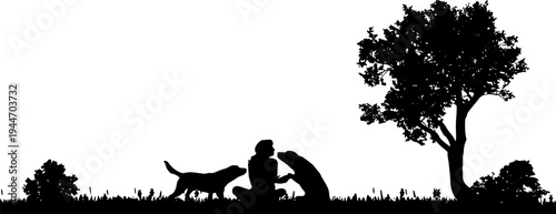 Black silhouette of woman sitting on grass playing with dogs in park under tree, pet owner outdoor lifestyle, flat vector