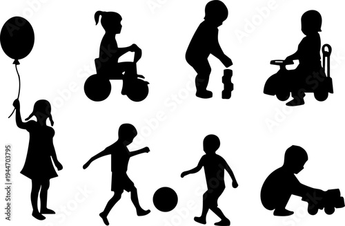 Collection of black silhouettes of children playing with toys ball and balloon, toddlers active in playroom, flat vector illustration set