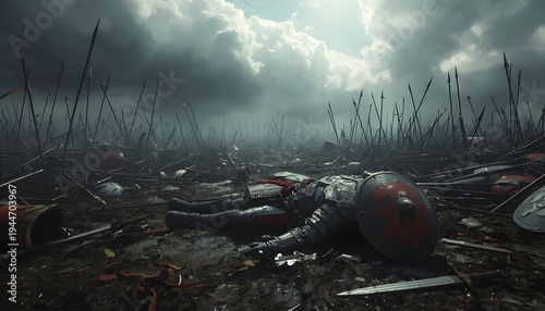 Fallen medieval knight clad in dark armor lies defeated among countless discarded spears and shields on a grim, muddy battlefield under a dramatic, brooding sky suggesting terrible loss.