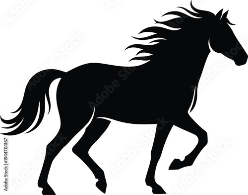 Silhouette horse running black and white vector graphic with a black silhouette