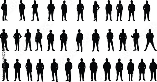 Large set of black silhouettes of diverse people standing in rows, men and women in various poses, flat vector illustration
