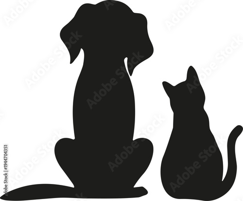 Black silhouette of a dog and cat sitting together side by side, pet friendship concept, animal domestic companions, flat vector illustration