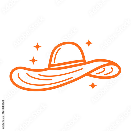 orange sun hat outline icon with sparkles on white background. elegant summer wide brim hat illustration for beach vacation and fashion design
