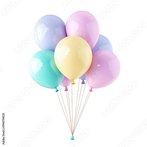 Pastel party balloons with curly ribbons isolated on light background, festive celebration and event decoration concept.