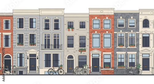 Row of colorful townhouses with bicycles and plants.