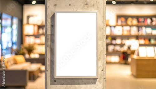 Blank white poster hanging in a modern bookstore with a concrete wall and bookshelves in the background. Perfect for advertising or branding projects.