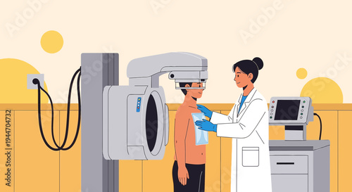 Radiologist performing mammogram on patient, medical screening, breast cancer detection, healthcare concept