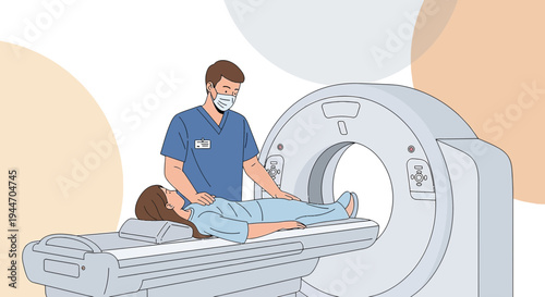 Radiologist Performing CT Scan on Patient Lying on Table Inside Medical Imaging Machine