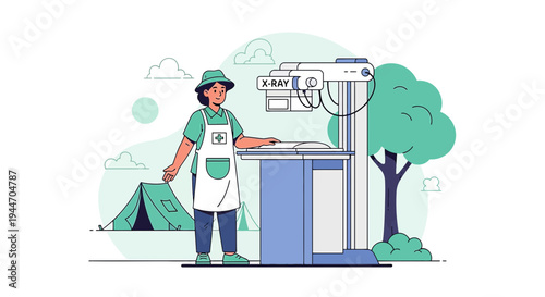 Radiologist performing X-ray in outdoor clinic with tent and trees