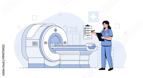 Radiologist with MRI Scanner, Patient Preparation, Medical Technology