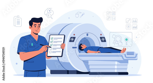Radiologist with Patient in MRI Scanner, Medical Imaging Technology
